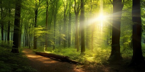 Wall Mural - Beautiful rays of sunlight in a green forest. 