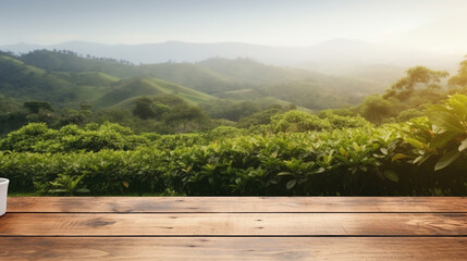 Canvas Print - empty wooden table top overlooking a tea plantation at sunset. Generative Ai. 