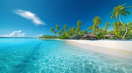 Poster - Tropical paradise beach with white sand and crystal clear blue water. Beautiful natural summer vacation holidays background. Travel tourism wide panorama background concept. AI Generative