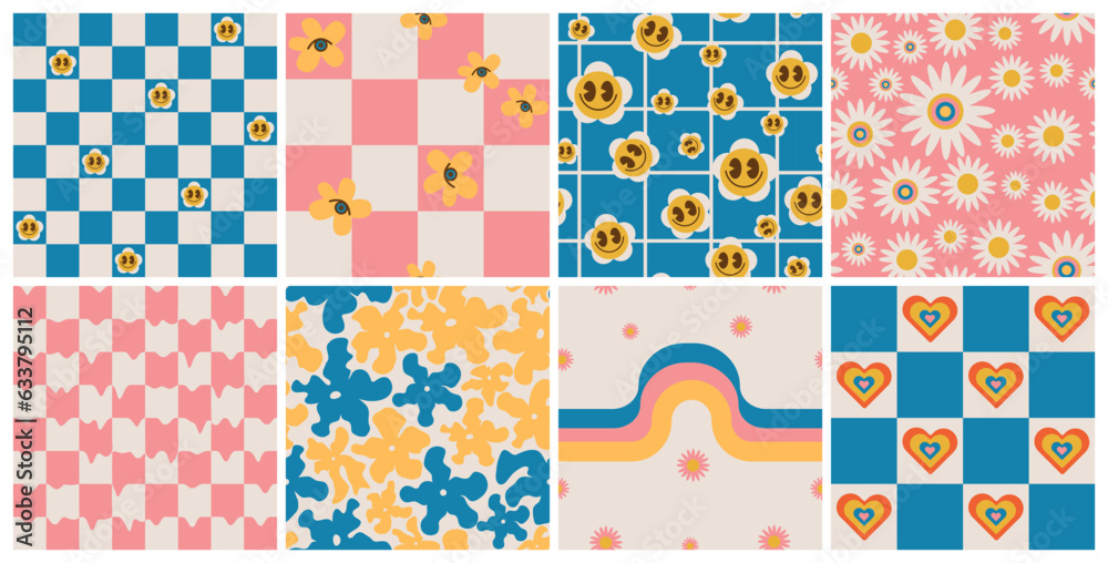 Groovy seamless patterns with funny happy daisy, wave,chess,heart. Set ...