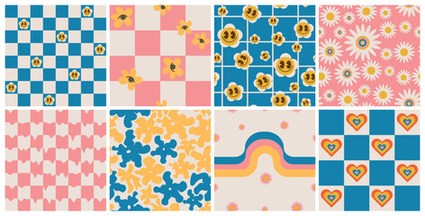 Groovy seamless patterns with funny happy daisy, wave,chess,heart. Set of vector backgrounds in trendy retro trippy style. Hippie 60s, 70s style. Pink,blue,yellow colors