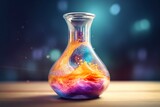 Fototapeta  - Close Up of a Science Beaker Filled with Multi Colored Liquids. AI Generative