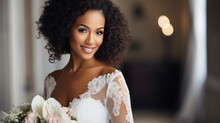 Beautiful Afro American Young Bride In Wedding Dress Close Up