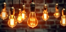 Decorative Antique Edison Style Light Bulbs Against Brick Wall Background. Vintage Lamp Decorative. AI Generative