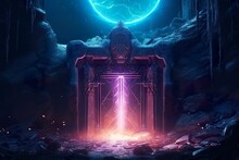 Fantasy Night Landscape With Magical Power, Ancient Stones With Magical Power And Light, Runes. Passage To Another World, Magic Door, Light, Neon. AI Generative