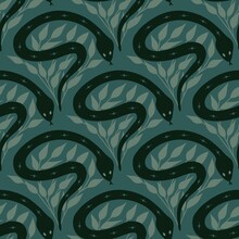 Hand Drawn Seamless Pattern Of Black Snake On Sage Green Background With Forest Leaves. Witch Witchcraft Mystic Occult Boho Design, Teal Grey Esoteric Gothic Halloween Print Serpent Art.