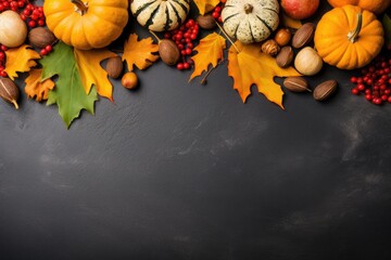 Fall harvest decorations on a black background