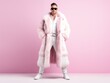 Fullbody portrait of a fictional white man in pink fur coat standing. Pimp guy with sunglasses. Isolated on a plain pink colored background. Generative AI.