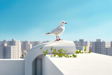 White bird on the roof of the house with green plants on the roof. Blue sky and metropolis in the background. The concept of the need for projects of sustainable cities with habitats for living beings