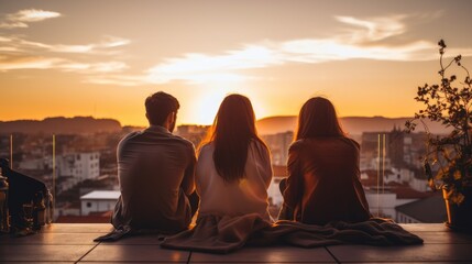 Wall Mural - Rear view of young friends sitting together on rooftop at sunset. Generative AI