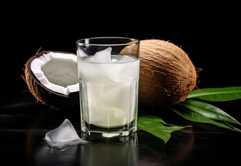 Wall Mural - Coconut water in glass with fresh coconuts isolated on black background