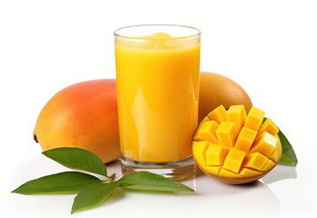 Wall Mural - Mango juice with fresh mango slices isolated on white background