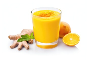 Sticker - Turmeric juice with orange and leaf isolated on white background