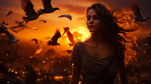 Beautiful Young Brunette Lady With Hair Waving In The Wind. Portrait Of The Woman Standing In The Nature With Flying Birds And Setting Sun At Backdrop.