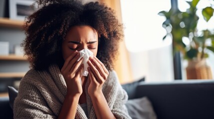 Sick woman blowing her nose on a cold winter day