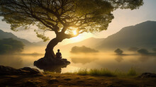 Serene Landscape At Sunrise, A Meditator Sitting Cross - Legged Under A Sprawling Bodhi Tree, Dappled Sunlight, Tranquil Pond Nearby, Dew Glistening On The Grass, Misty Mountains Backdrop