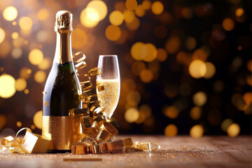 Glasses of champagne on a festive background, party or holiday concept. New Year or Christmas sparkling background with copy space. Gold and black colors.