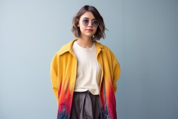 Wall Mural - Beautiful fictional brunette woman with a colorful coat and sunglasses. Isolated on a light blue background. Generative AI.