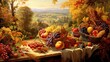 © irissca - The abundance of fruits and vegetables for tastiest plant-based cuisines. Autumn harvest table filled with nourishing fruits, vegetables, and healthy foods