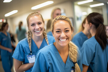 Wall Mural - Nursing students in a busy hospital corridor