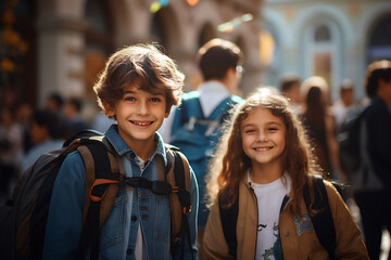 Wall Mural - Very happy girl and boy waiting at the school entrance. Kids that are ready for back to school. 