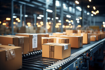 Wall Mural - Closeup of multiple cardboard box packages seamlessly moving along a conveyor belt in a warehouse fulfillment center, a snapshot of e - commerce, delivery, automation and products