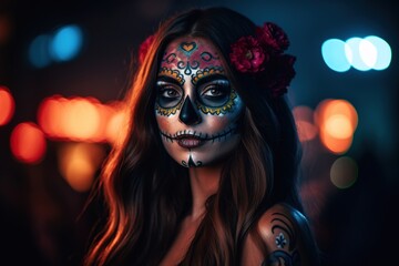 Wall Mural - portrait of a woman with creative Halloween makeup, has a creepy look, a woman in a halloween costume, empty space . A woman is preparing for the day of the dead. Generative AI.