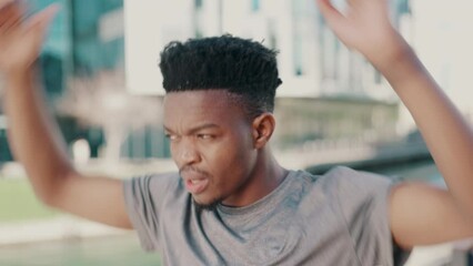 Poster - Fitness, wellness and black man stretching his arms in an outdoor park for race or marathon training workout. Nature, health and male runner athlete doing warm up exercise for cardio running in field