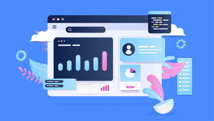 Fototapete - Web data abstract - Vector illustration of online software with charts, diagram and various information. Semi flat design