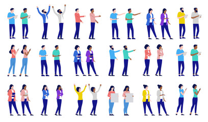 Poster - Vector office people collection - Set of diverse casual businesspeople standing, working and using devices. Flat design with white background