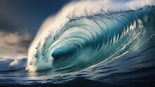  A Large Blue Wave Is Breaking In The Ocean On A Cloudy Day.  Generative Ai