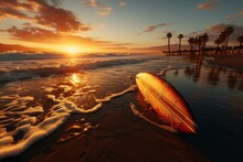 As The Sun Descends Into The Horizon, Casting Golden Hues Upon The Vast Ocean, A Lone Surfing Board Floats, Echoing The Immense Beauty And Solitude Of The Moment.