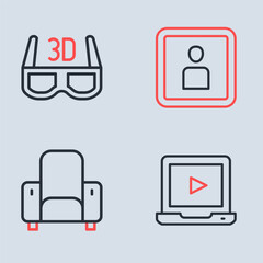 Sticker - Set line Play Video, Cinema chair, Online play video and 3D cinema glasses icon. Vector