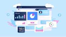 Digital Data And Statistics In Abstract Web Browser With Graphs, Charts And Diagrams. Vector Illustration On Blue Background