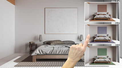 Aufkleber - Architect designer concept, hand showing minimal japandi bedroom, colors in different options, interior design project draft, color picker, material sample
