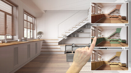 Aufkleber - Architect designer concept, hand showing minimal japandi kitchen and living room, colors in different options, interior design project draft, color picker, material sample