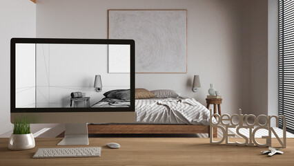 Aufkleber - Architect designer project concept, wooden table with house keys, 3D letters words bedroom design and desktop showing draft, blueprint CAD sketch in the background, interior design