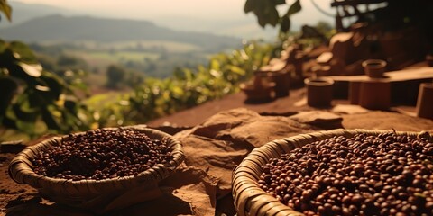 AI Generated. AI Generative. Coffee beans plantation nature outdoor landscape. Can be used for food travel promotion.