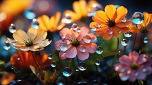  A Bunch Of Flowers With Water Droplets On Them And A Blurry Background.  Generative Ai