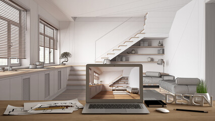 Aufkleber - Architect designer desktop concept, laptop on wooden work desk with screen showing interior design project, blueprint draft background, japandi kitchen and living room