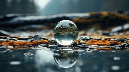 Wall Mural -  a glass ball sitting on top of a river next to rocks.  generative ai