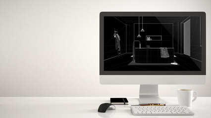 Aufkleber - Architect house project concept, desktop computer on white background, work desk showing CAD sketch, minimalist bathroom with bathtub, interior design