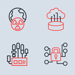 Poster - Set line Network cloud connection, Mechanical robot hand, Cyber security and Planet earth radiation icon. Vector