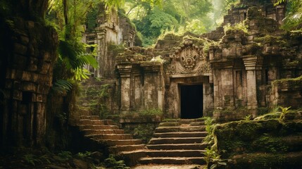  a stone staircase leading to a doorway in a jungle setting.  generative ai