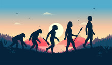 Human Evolution Illustration - Ancestors Evolving From Primate To Modern Human In Beautiful Landscape Scene With Morning Sunrise In Background. Flat Design Vector