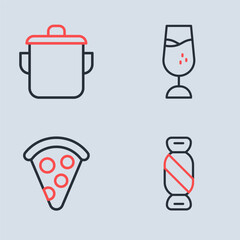 Canvas Print - Set line Wine glass, Slice of pizza, Candy and Cooking pot icon. Vector