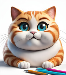 Baby cat persuasive concept. 3d pictures cute fat cat with big eyes. lazy character cat Smiling bright and cheerful stretching arms. Generative AI, illustration