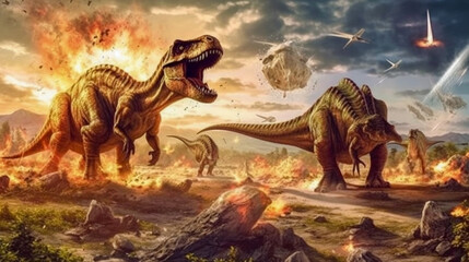 Poster - A scene from prehistory. Dinosaurs before extinction - Generative AI