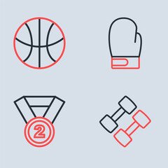 Wall Mural - Set line Boxing glove, Medal, Dumbbell and Basketball ball icon. Vector