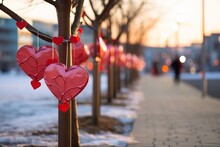 Decarative Hearts Hang On Trees In City